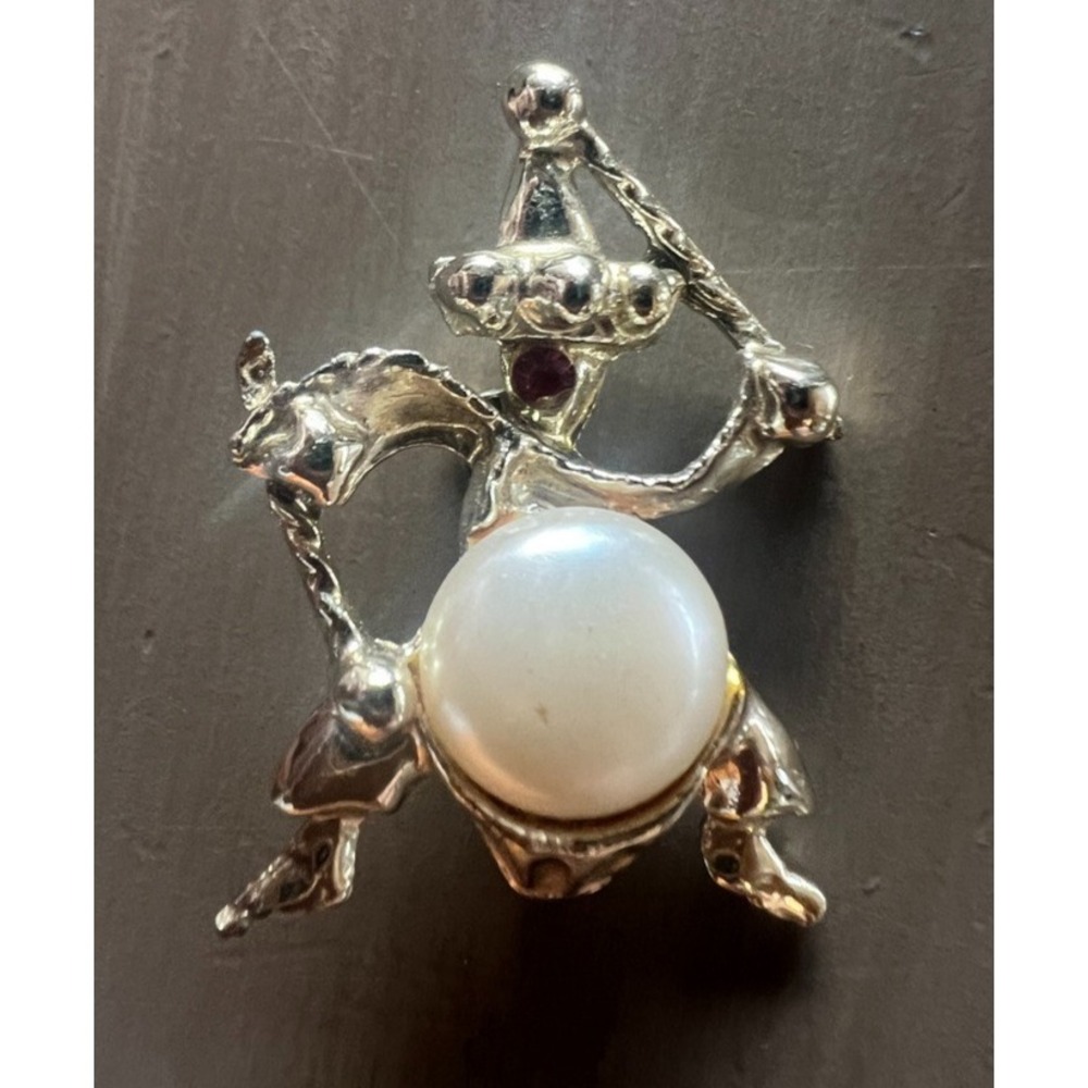 Vintage Jester Brooch Faux Pearl Red Rhinestone Gold Harlequin Clown Pin Retro
